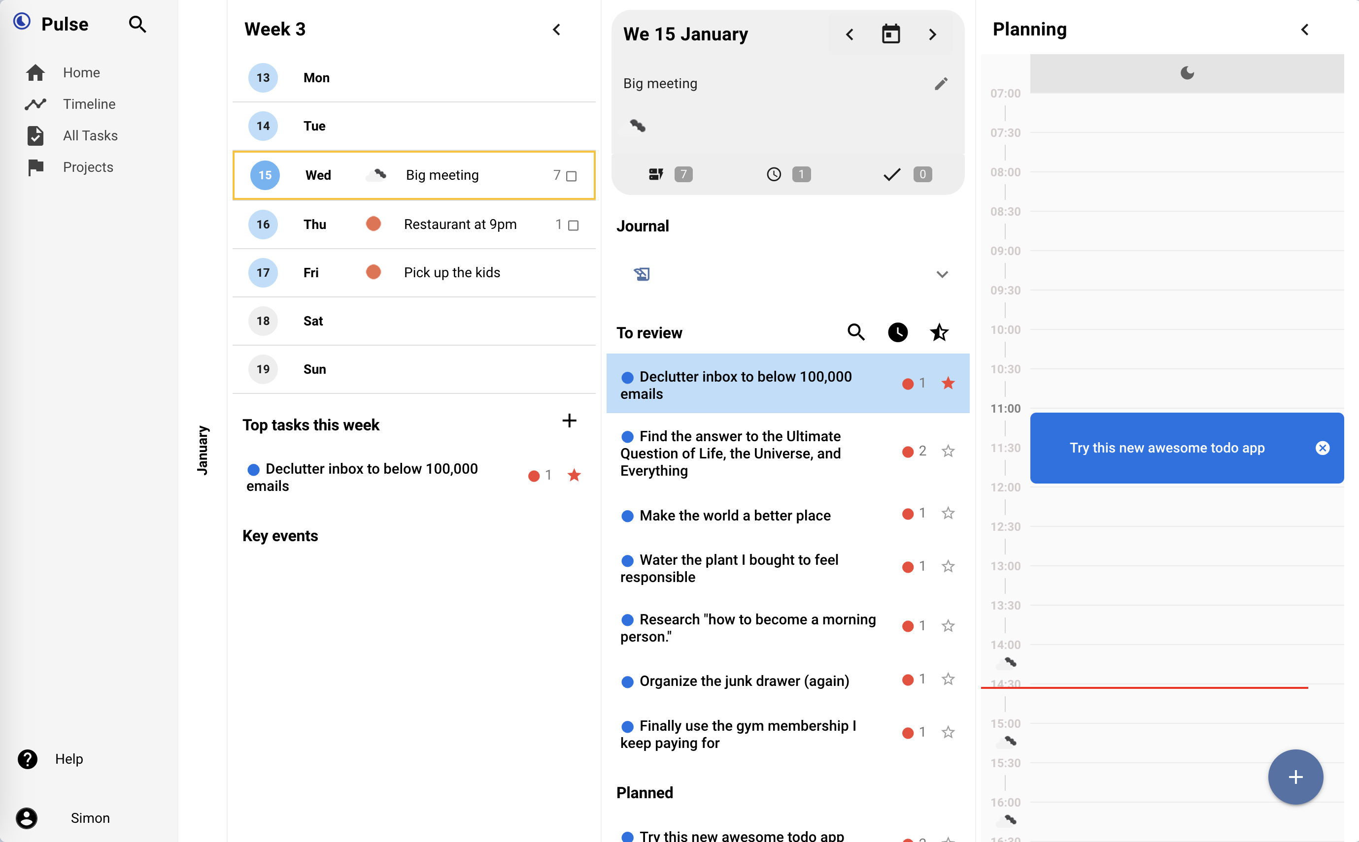 Timeline view showing upcoming days and tasks